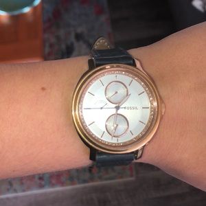 Gold Fossil Watch with Navy Leather Band